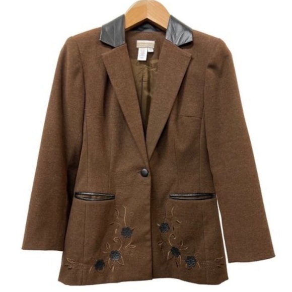 Coldwater Creek Vintage Faux Leather Flower Embroidered Blazer Size 6P Brown - Picture 4 of 11